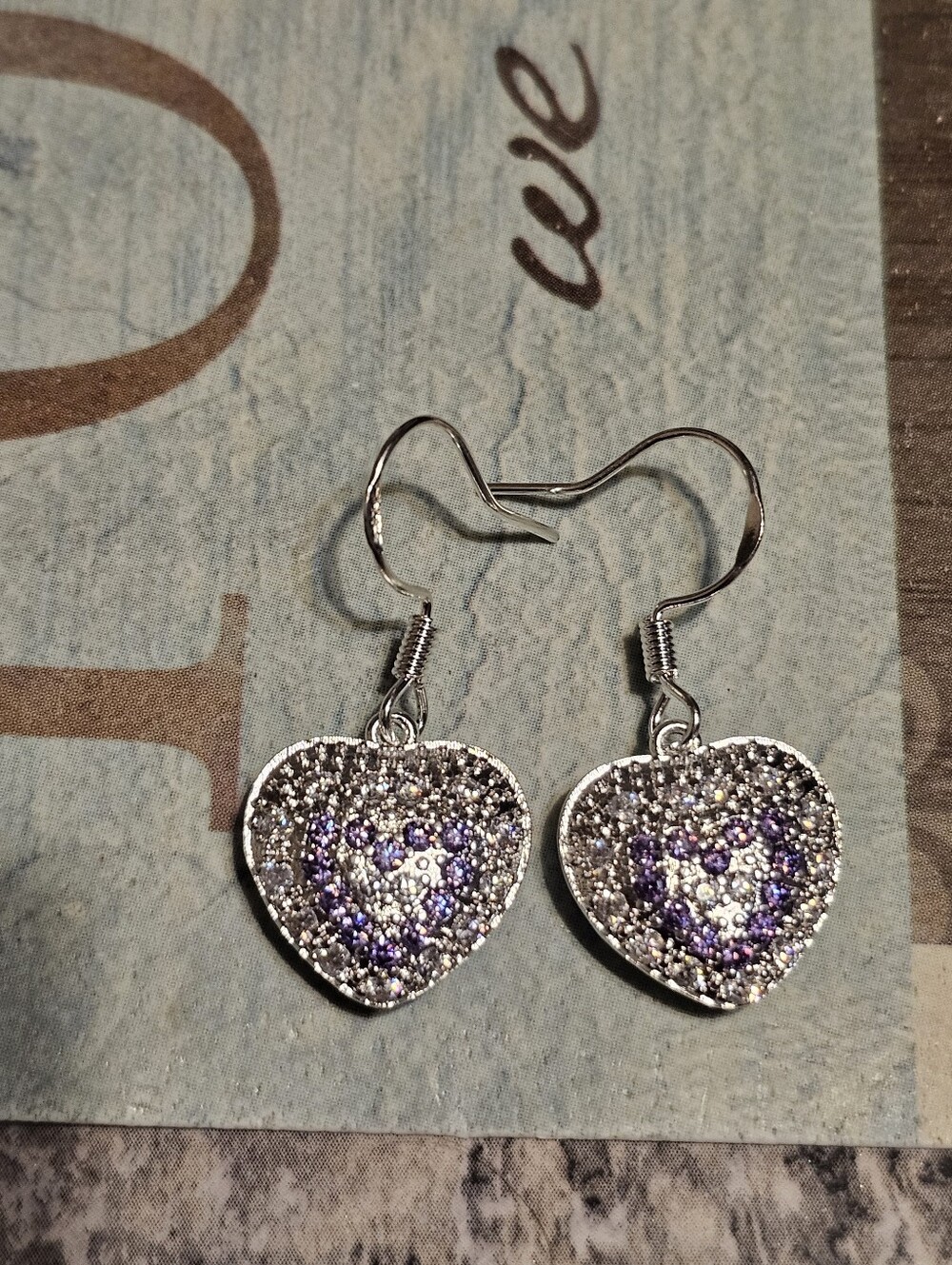 Sterling Silver 925 Purple Heart Dangle Earrings